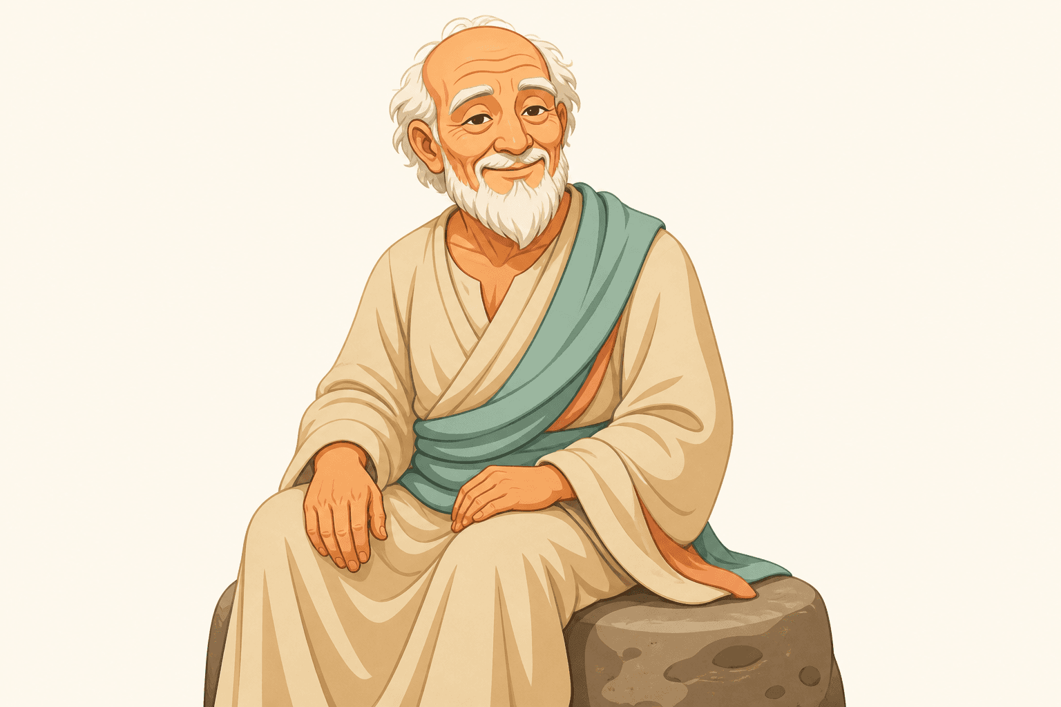 Sand sage: a smiling old wise man in a sand robe and teal sash, sitting on a stone